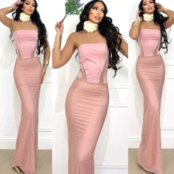 Outlet Abito a fascia bustier con gonna in velo cipria Abiti