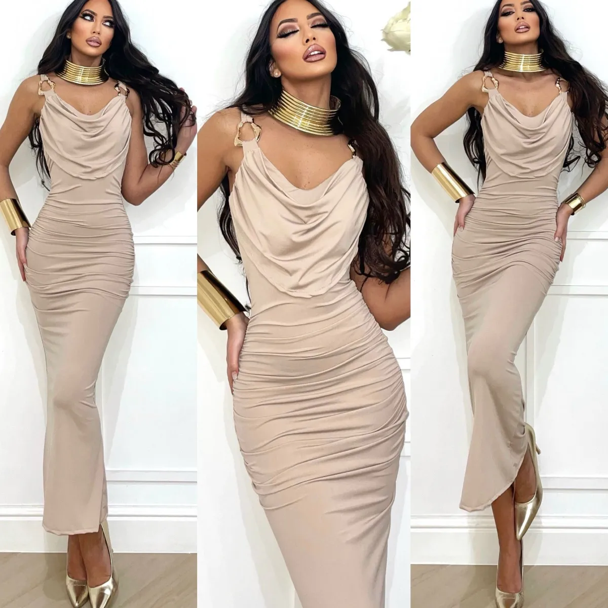 Outlet Abito beige con gioielli e schiena incrociata Abiti
