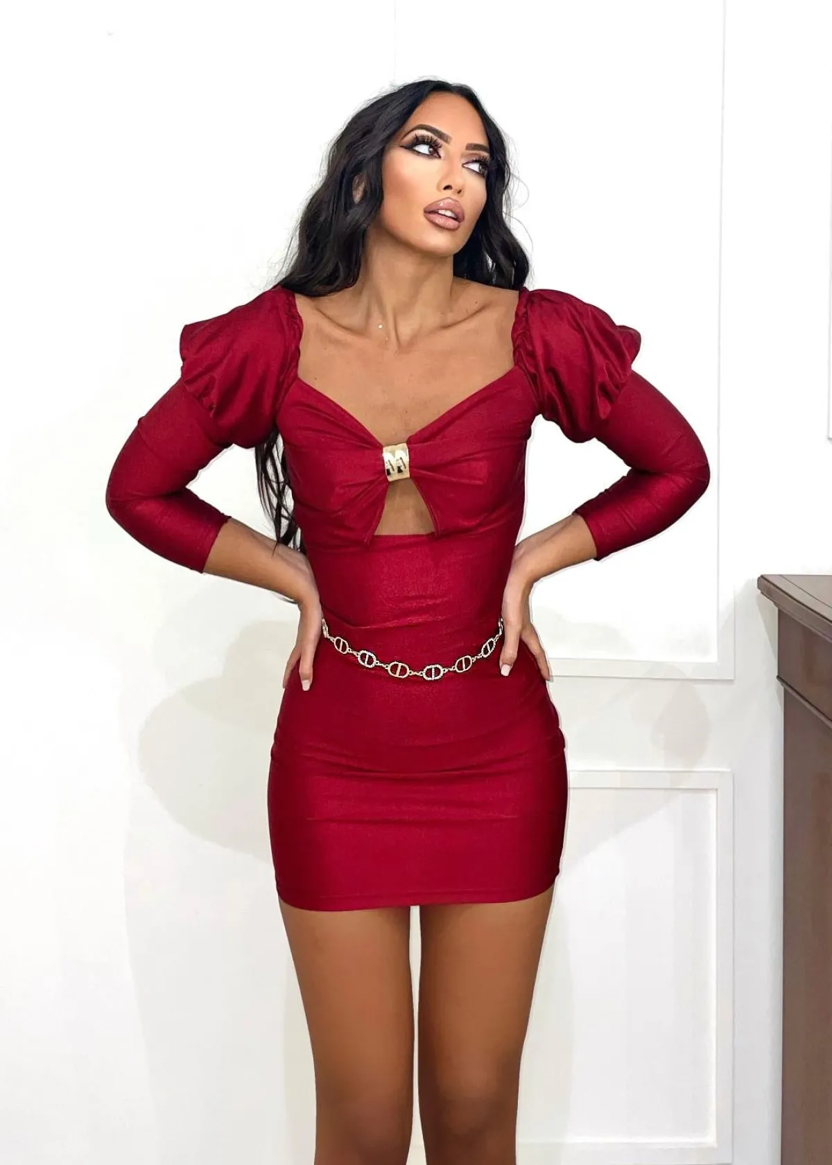 Hot Abito bordeaux maniche a palloncino Abiti