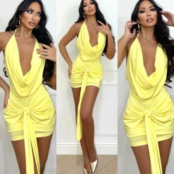 Discount Abito giallo schiena nuda e nodo Abiti