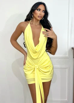 Discount Abito giallo schiena nuda e nodo Abiti