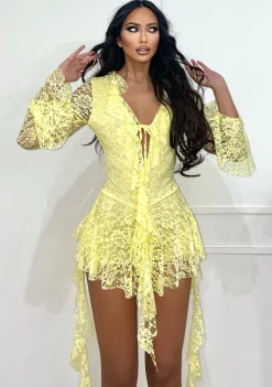 Fashion Abito in pizzo giallo con rouches Abiti