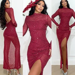 Outlet Abito lungo in paillettes bordeaux Abiti