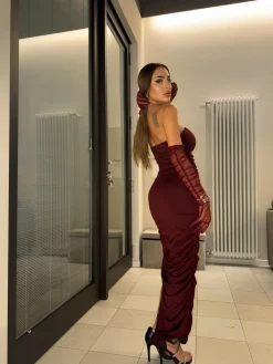 Discount Abito midi bordeux con guanti Abiti