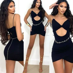 Hot Abito nero con fiocco e spalline a cerchi Abiti