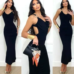 Clearance Abito nero con gioielli e schiena incrociata Abiti