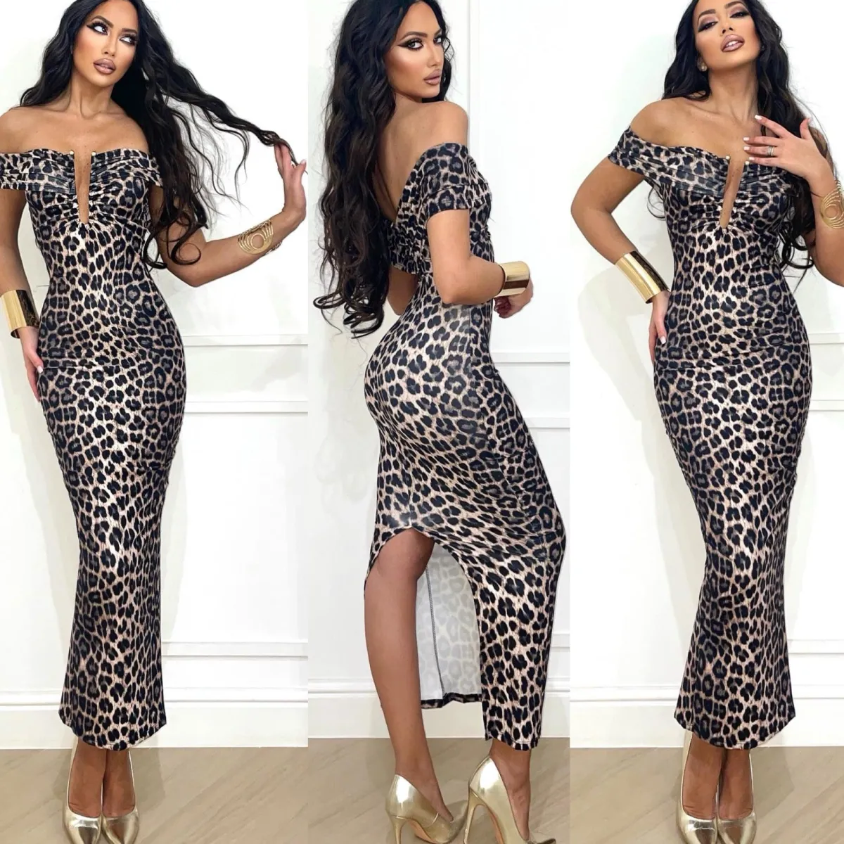 Hot Abito scollo a barca con scollo a U animalier Abiti