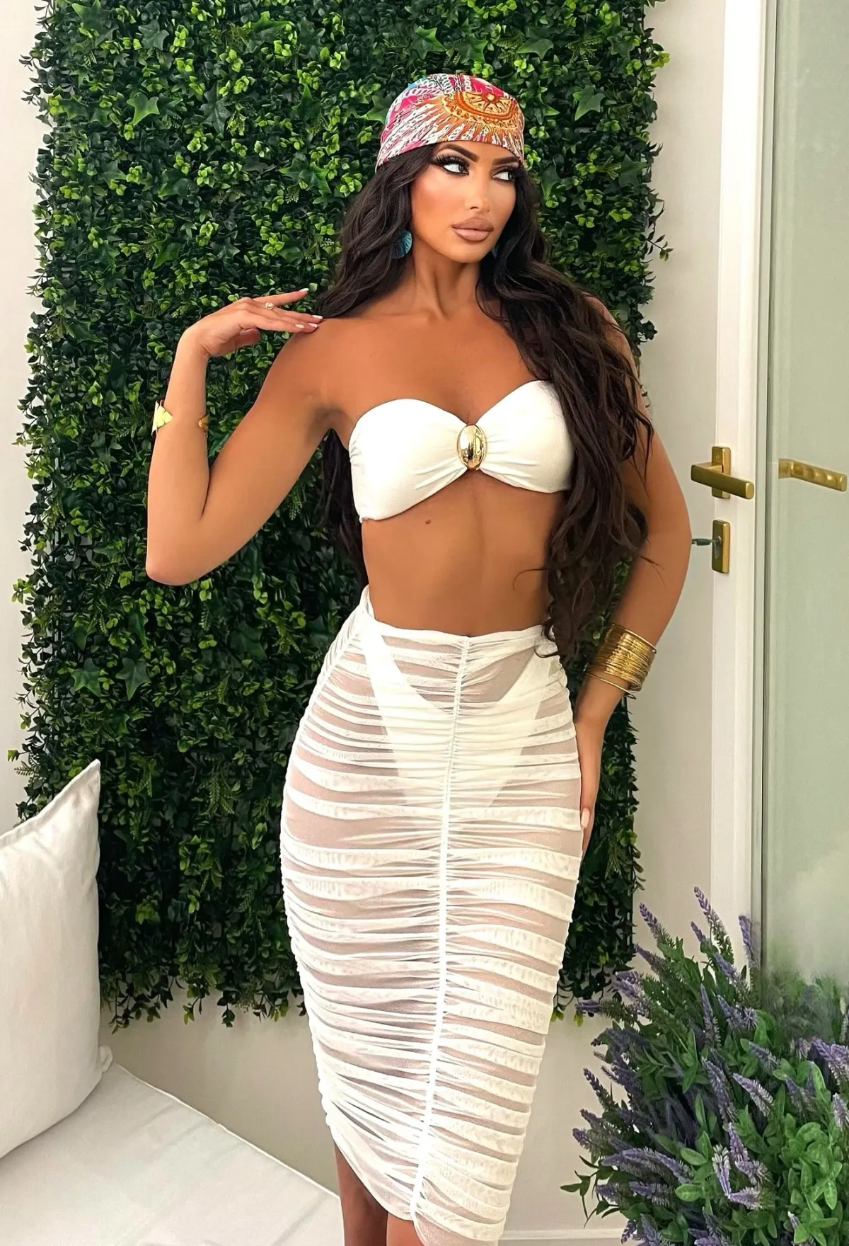 New Bikini biano tre pezzi con gioiello e gonna drappeggiata Bikini|Bikini