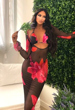 Best Bikini floreale tre pezzi con pareo lungo nero Bikini|Bikini