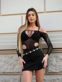 Online Body a rete con strass e fori Body
