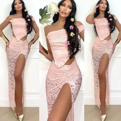 Fashion Completo top e gonna in pizzo rosa Completi & Tute