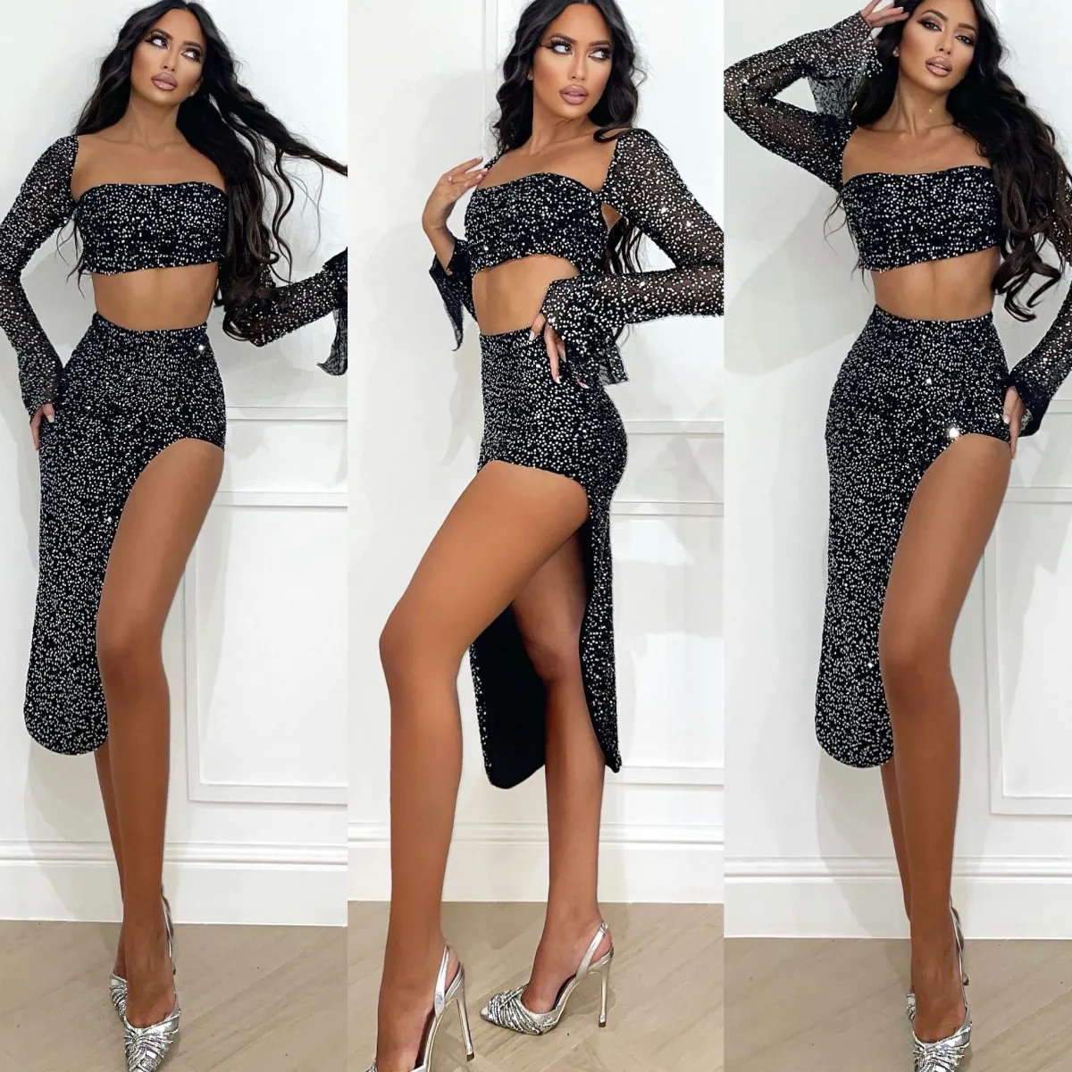 Discount Completo top e gonna paillettes nero/ silver Completi & Tute