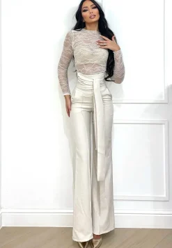 Fashion Pantalone vita alta con fusciacca beige Pantaloni