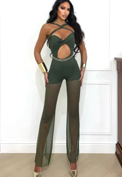 Discount Tuta verde militare con incroci e pantalone con trasparenze Completi & Tute